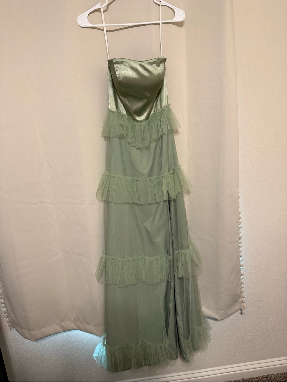 Strapless Sage Green Tiered Tulle Dress with Slit size 2